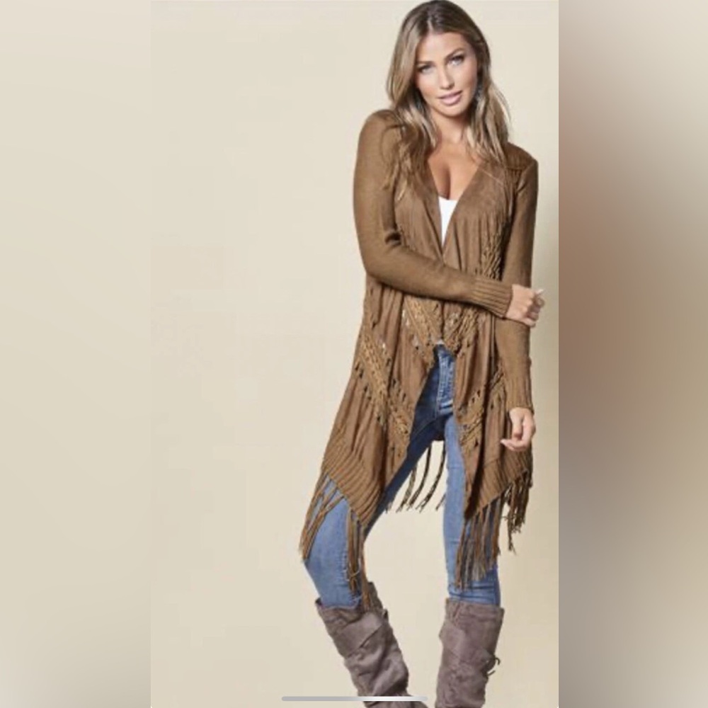 NEW Venus Crochet Faux Suede Fringed Brown Women's Cardigan Sweater Medium